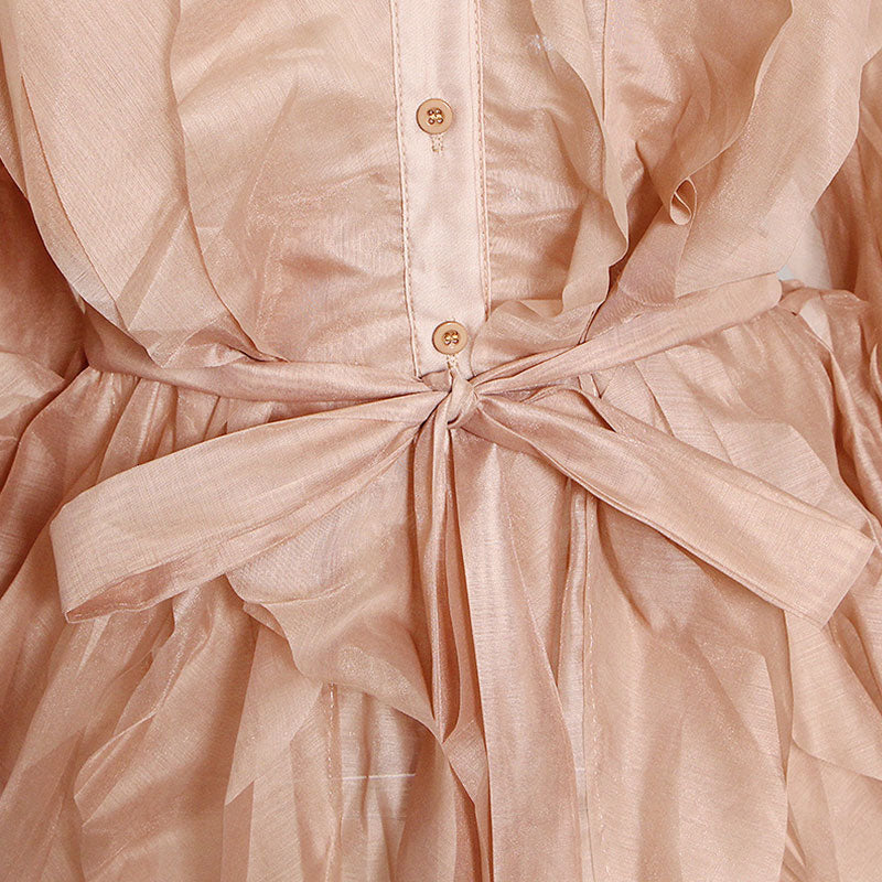 Sophisticated Point Collar Button Front Tie Waist Long Sleeve Layered Ruffle Blouse - Image 3