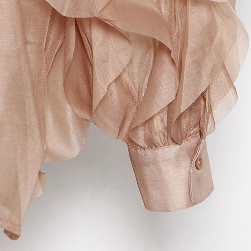 Sophisticated Point Collar Button Front Tie Waist Long Sleeve Layered Ruffle Blouse - Image 4