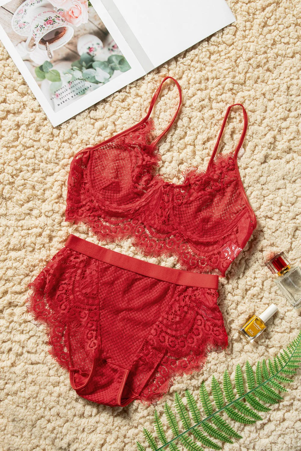 Spaghetti Strap Eyelash Lace Bra Set - Image 17