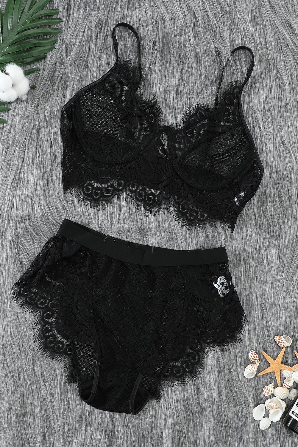 Spaghetti Strap Eyelash Lace Bra Set - Image 33