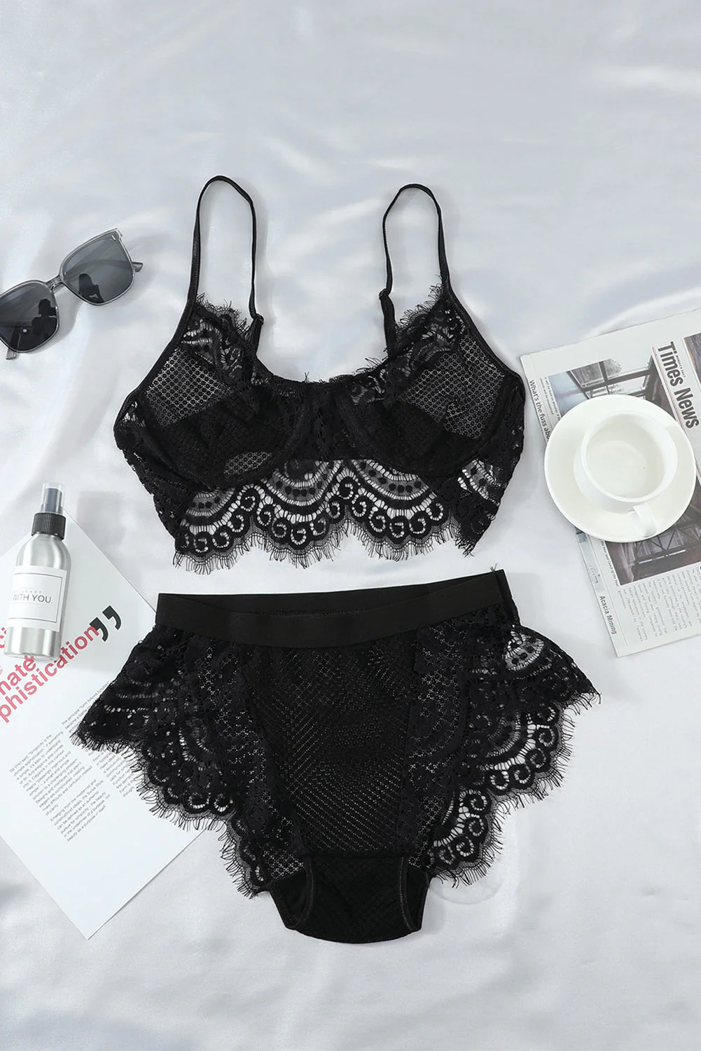 Spaghetti Strap Eyelash Lace Bra Set - Image 35