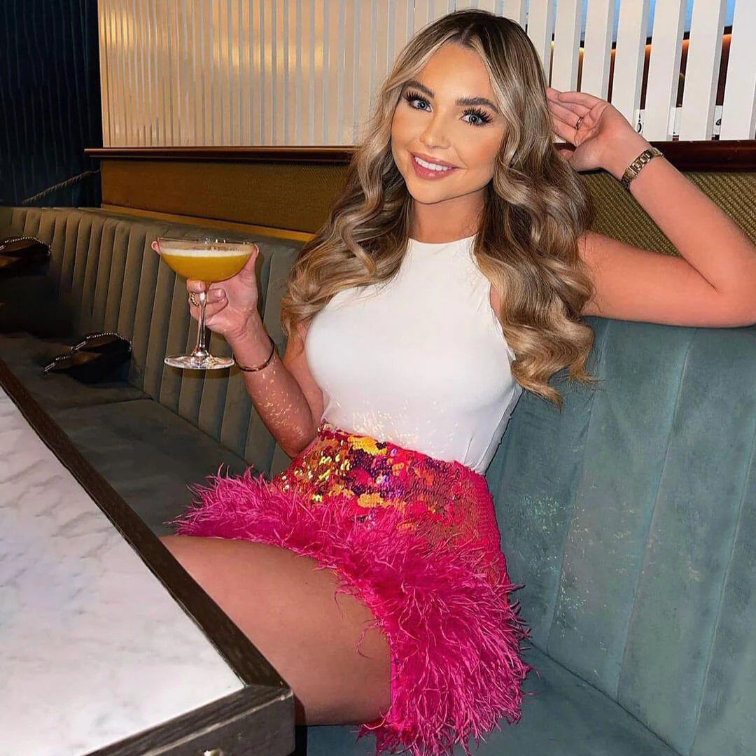 Sparkling Sequin High Waist Fur Trim Bodycon Party Mini Skirt - Hot Pink - Image 2