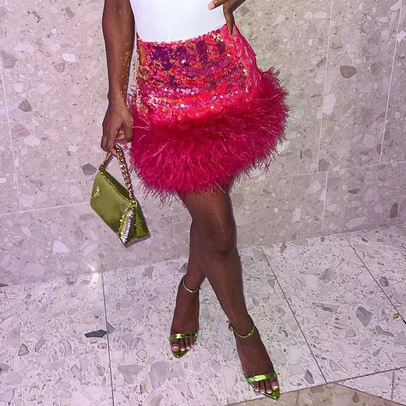 Sparkling Sequin High Waist Fur Trim Bodycon Party Mini Skirt - Hot Pink - Image 3