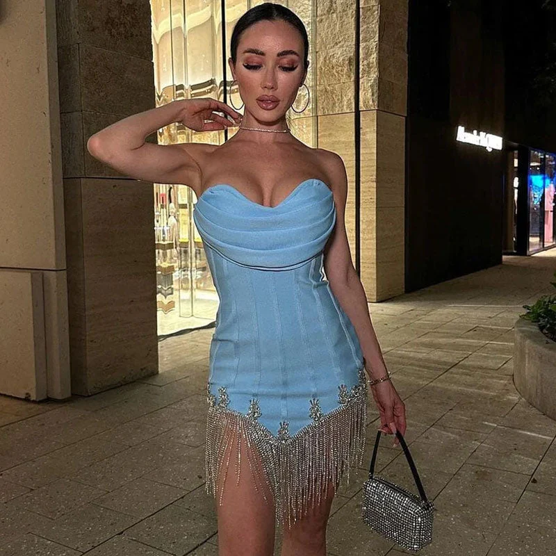 Sparkle Crystal Fringe Trim Draped Sweetheart Strapless Mini Bandage Dress - Blue - Image 4