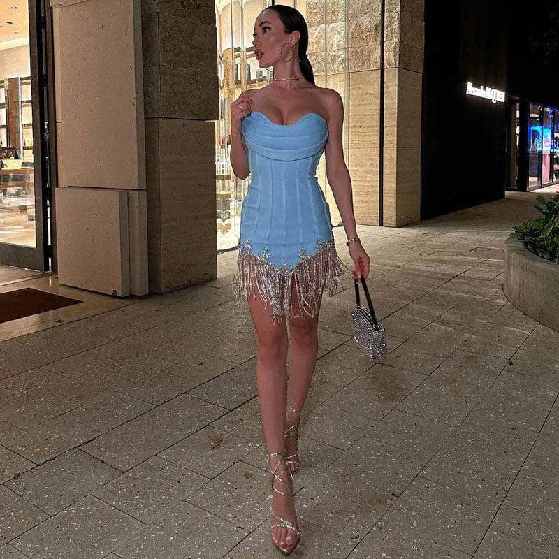 Sparkle Crystal Fringe Trim Draped Sweetheart Strapless Mini Bandage Dress - Blue - Image 5