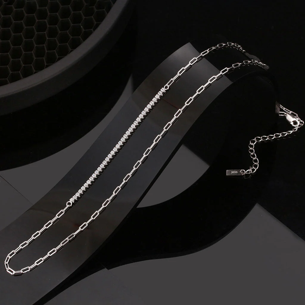 Sparkle Cubic Zirconia Sterling Silver Paper Clip Link Choker NeckLace - Image 4
