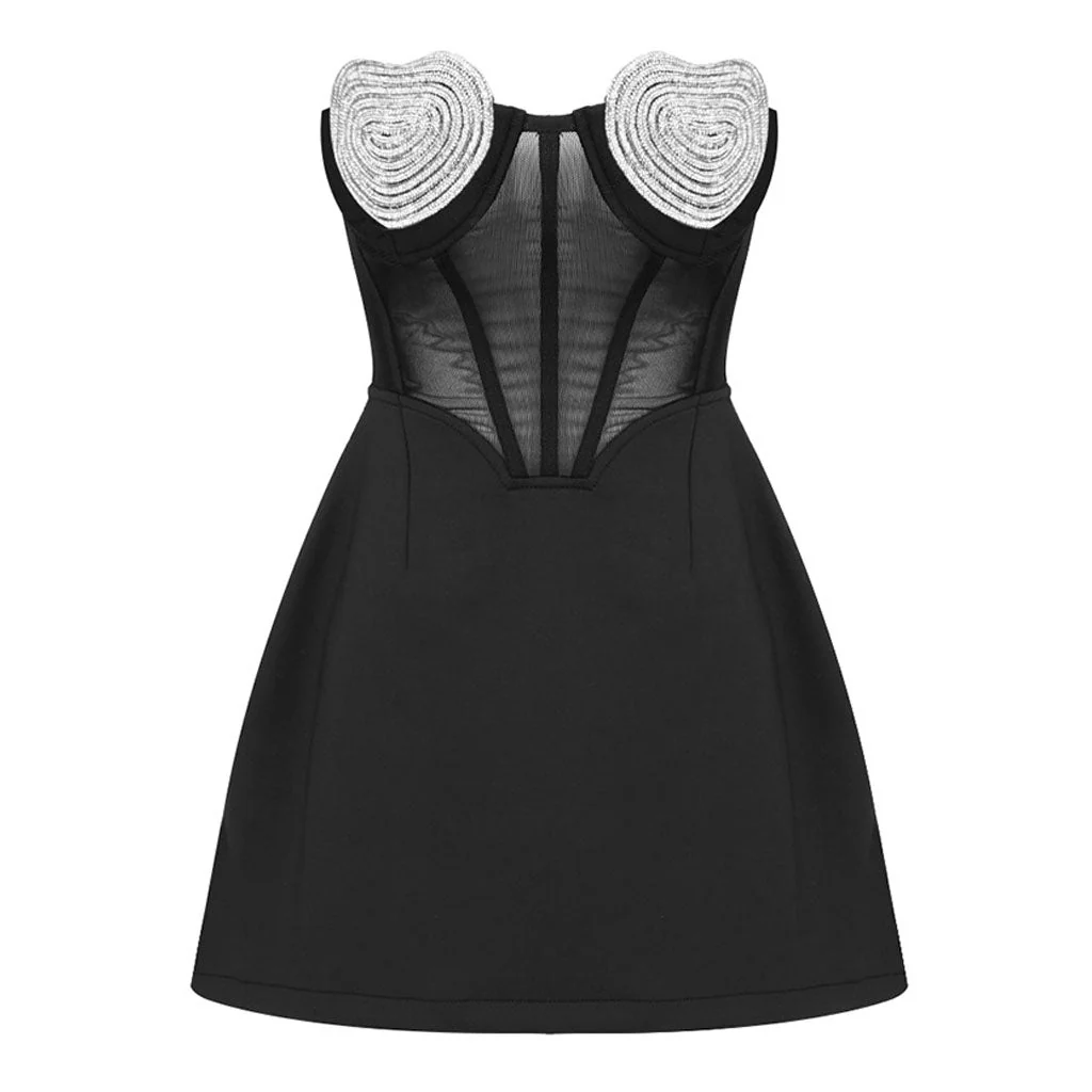 Sparkle Rhinestone Heart Bandeau Neck Sheer Mesh Strapless Mini Party Dress - Image 4