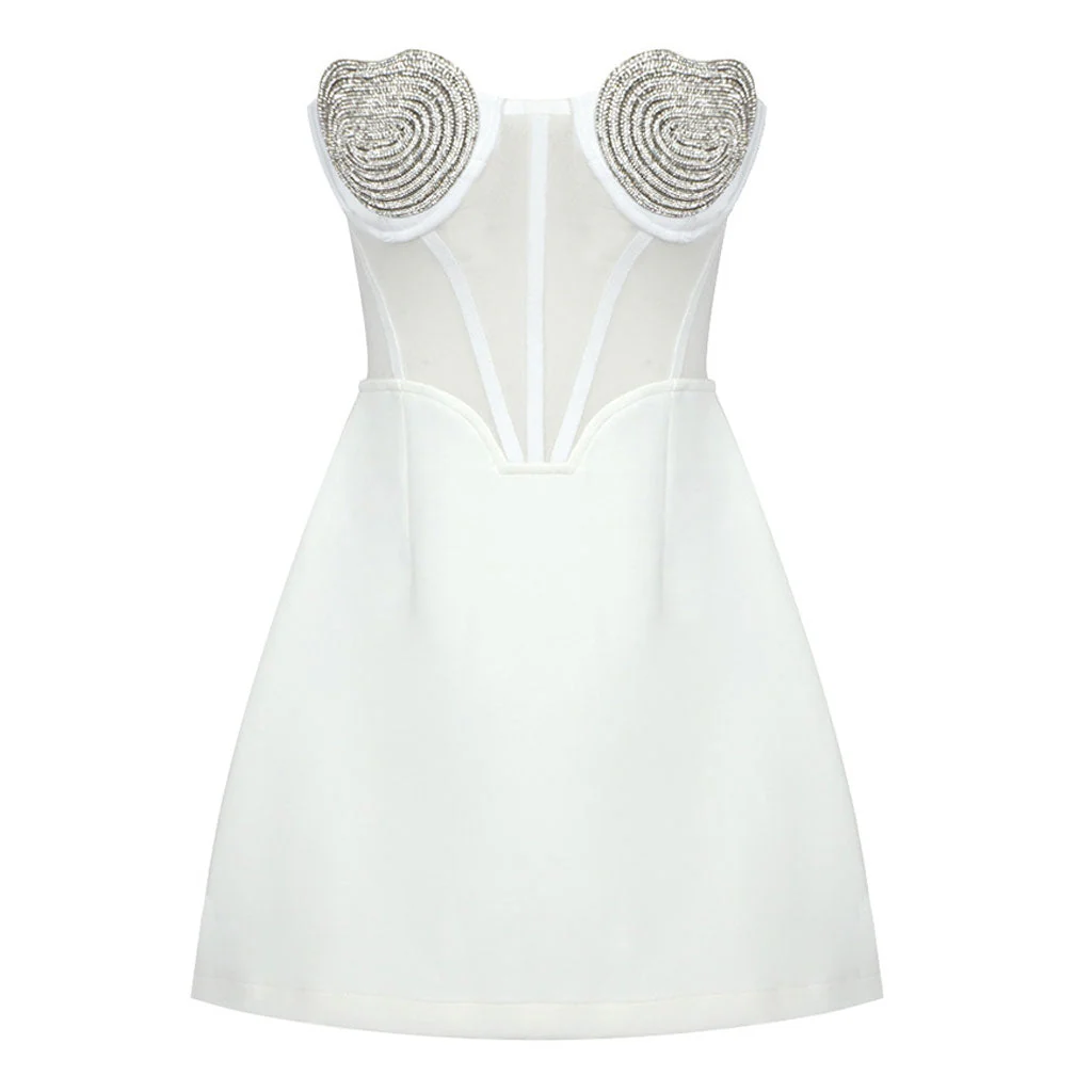 Sparkle Rhinestone Heart Bandeau Neck Sheer Mesh Strapless Mini Party Dress - Image 6