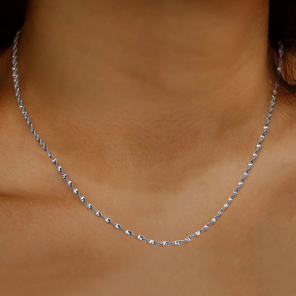 Sparkle Rhodium Plated Sterling Silver 2MM Singapore Chain NeckLace - Image 3