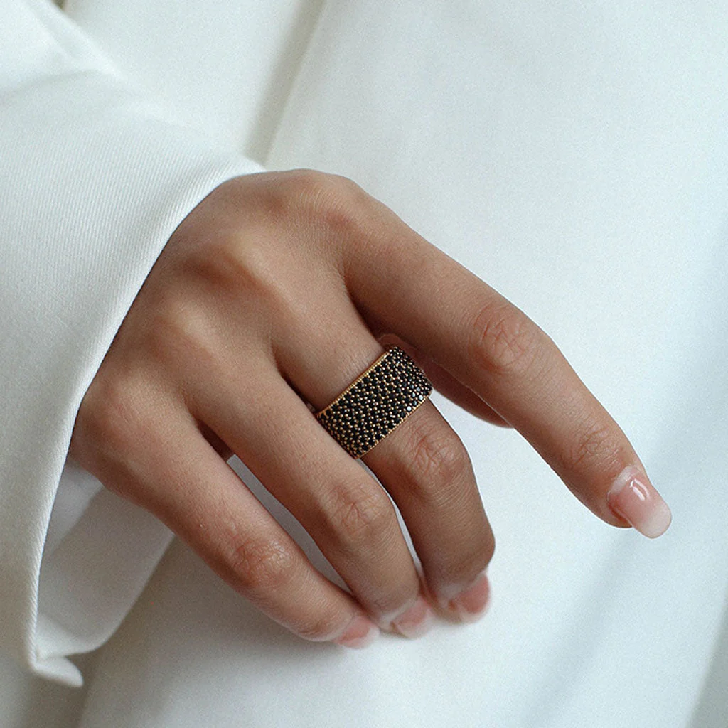 Sparkling 18K Gold Plated Paved Cubic Zirconia Square Cigar Band Ring - Image 2