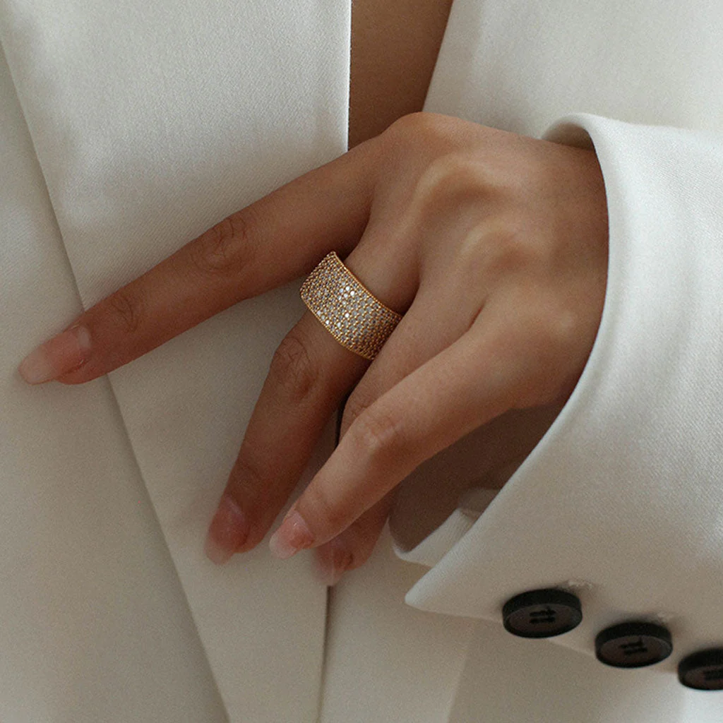 Sparkling 18K Gold Plated Paved Cubic Zirconia Square Cigar Band Ring - Image 5