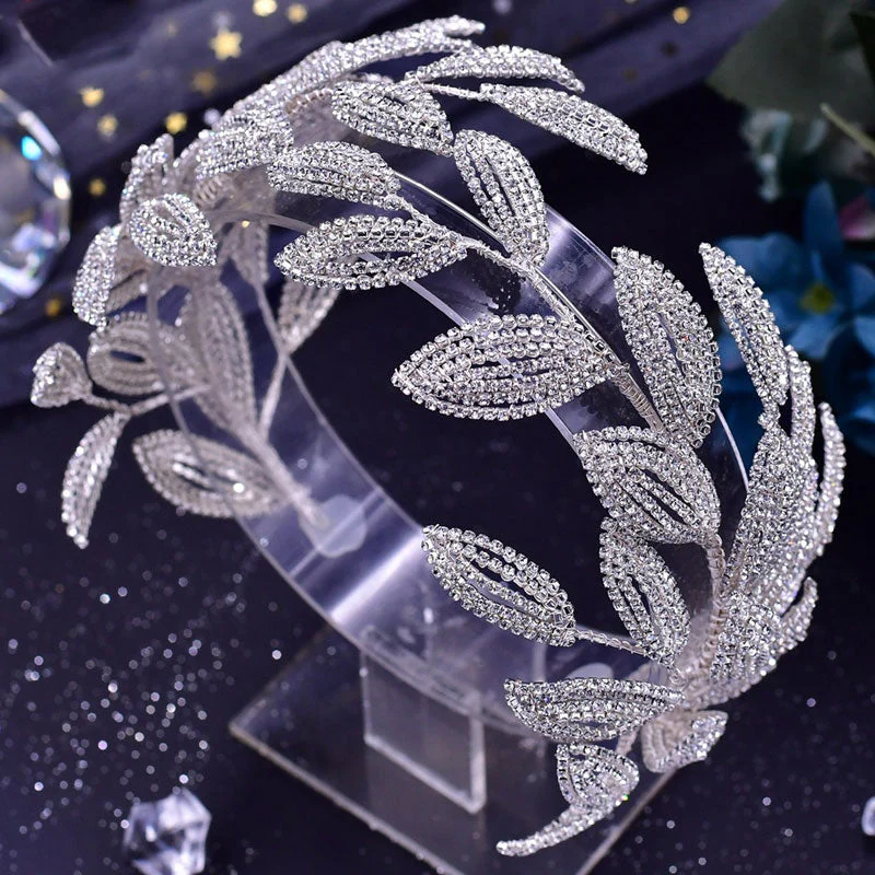 Sparkling Leaf Trim Petite Crystal Rhinestone Embellished Headband - Silver - Image 2
