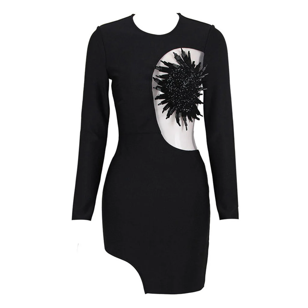 Sparkly 3D FLower Sheer Mesh Panel Round Neck Long Sleeve Bodycon Bandage Mini Dress - Image 3