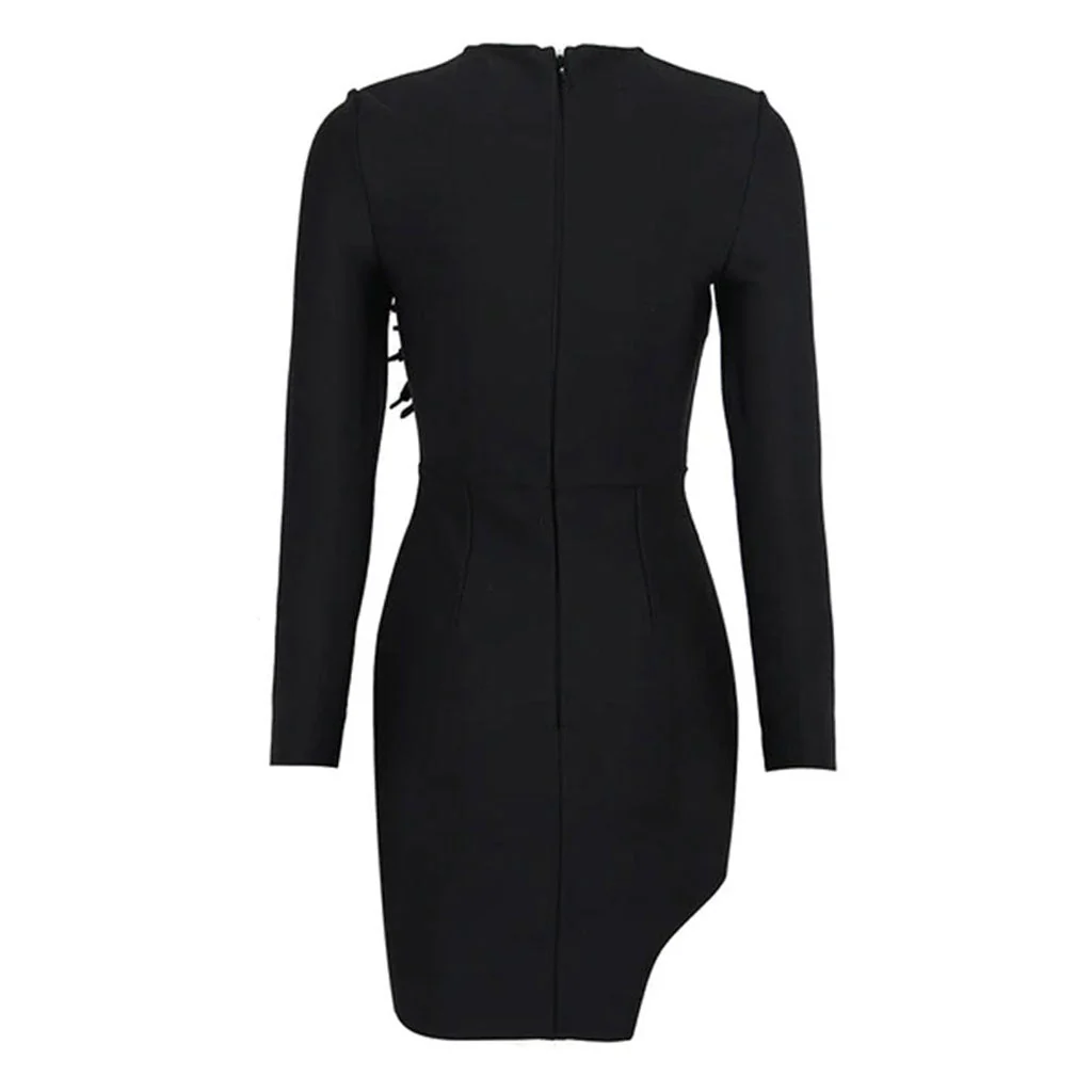 Sparkly 3D FLower Sheer Mesh Panel Round Neck Long Sleeve Bodycon Bandage Mini Dress - Image 4