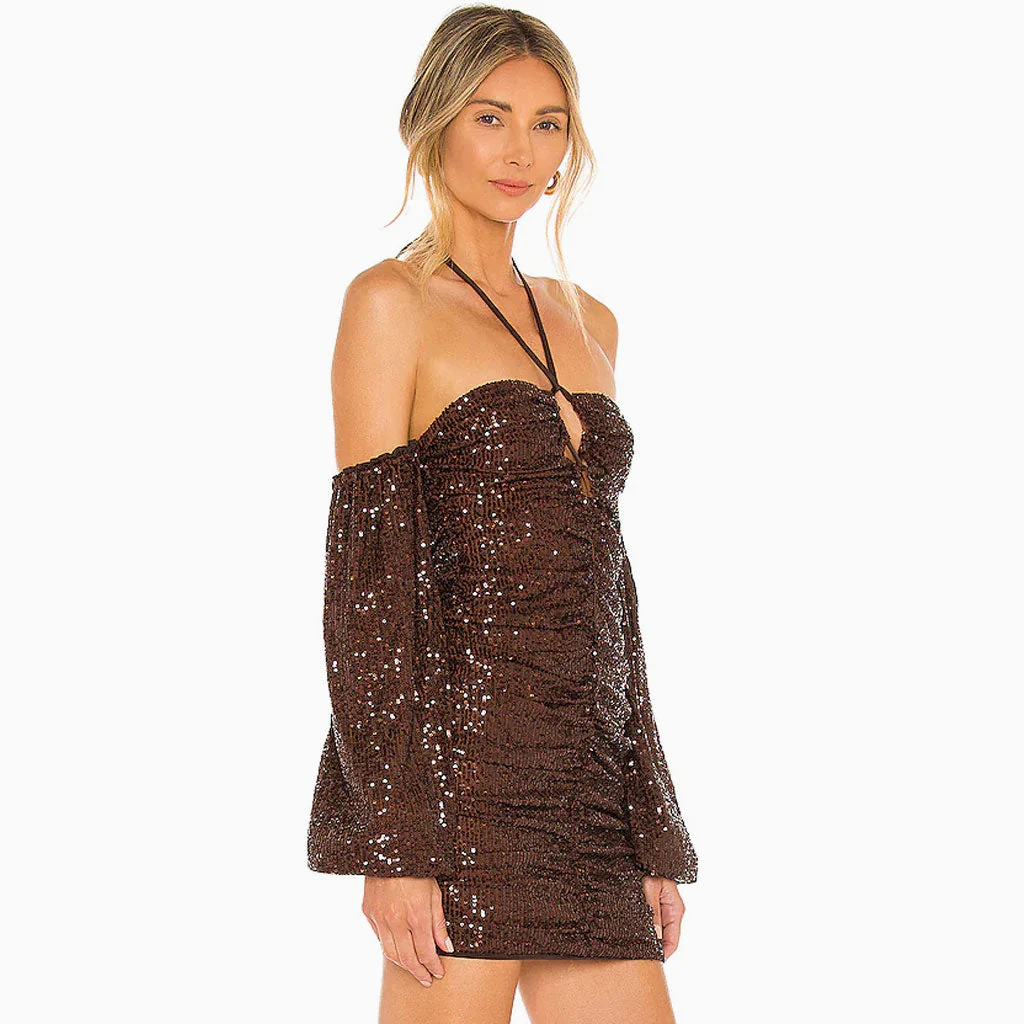 Sparkly Balloon Sleeve Halter Neck Sequin Mini Dress - Coffee - Image 2