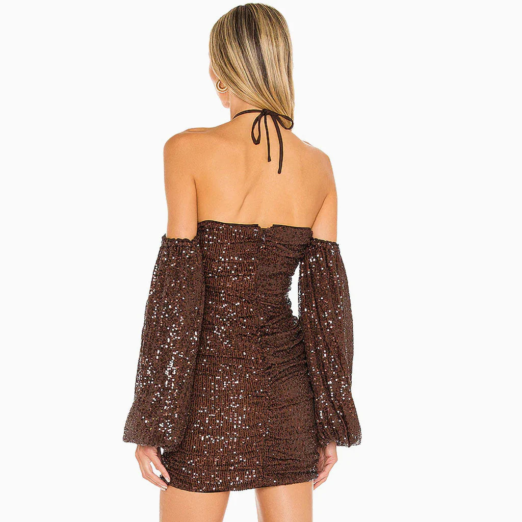 Sparkly Balloon Sleeve Halter Neck Sequin Mini Dress - Coffee - Image 3