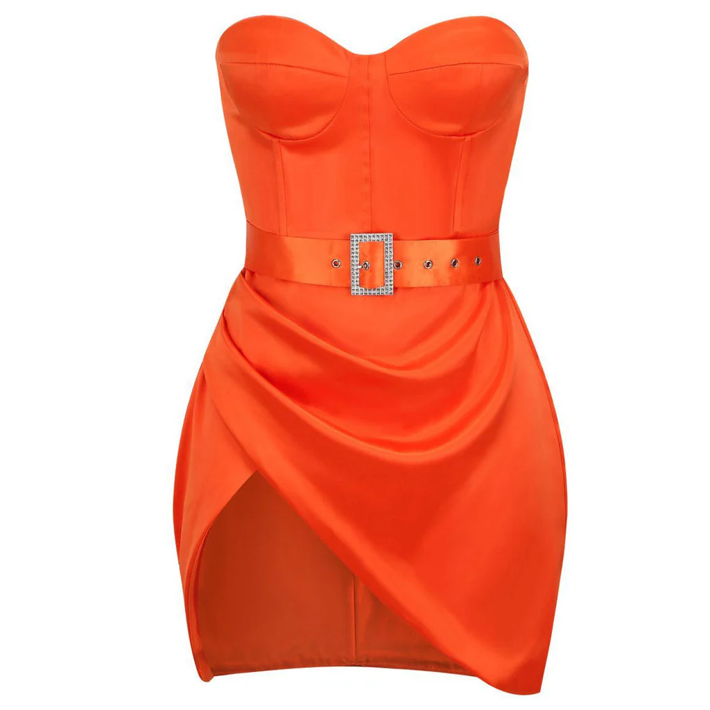 Sparkly Belt Strapless Satin Draped Club Mini Dress - Burnt Orange - Image 5