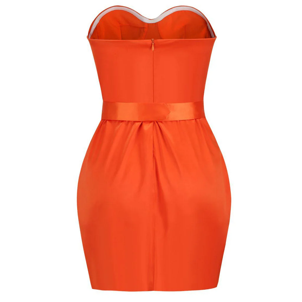 Sparkly Belt Strapless Satin Draped Club Mini Dress - Burnt Orange - Image 6
