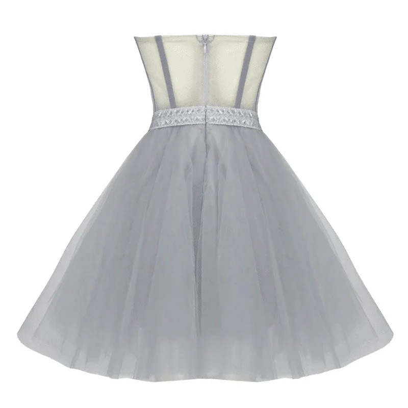 Sparkly Bowknot Crystal Bandeau Strapless Semi Sheer Corset Mini Tulle Dress - Image 8