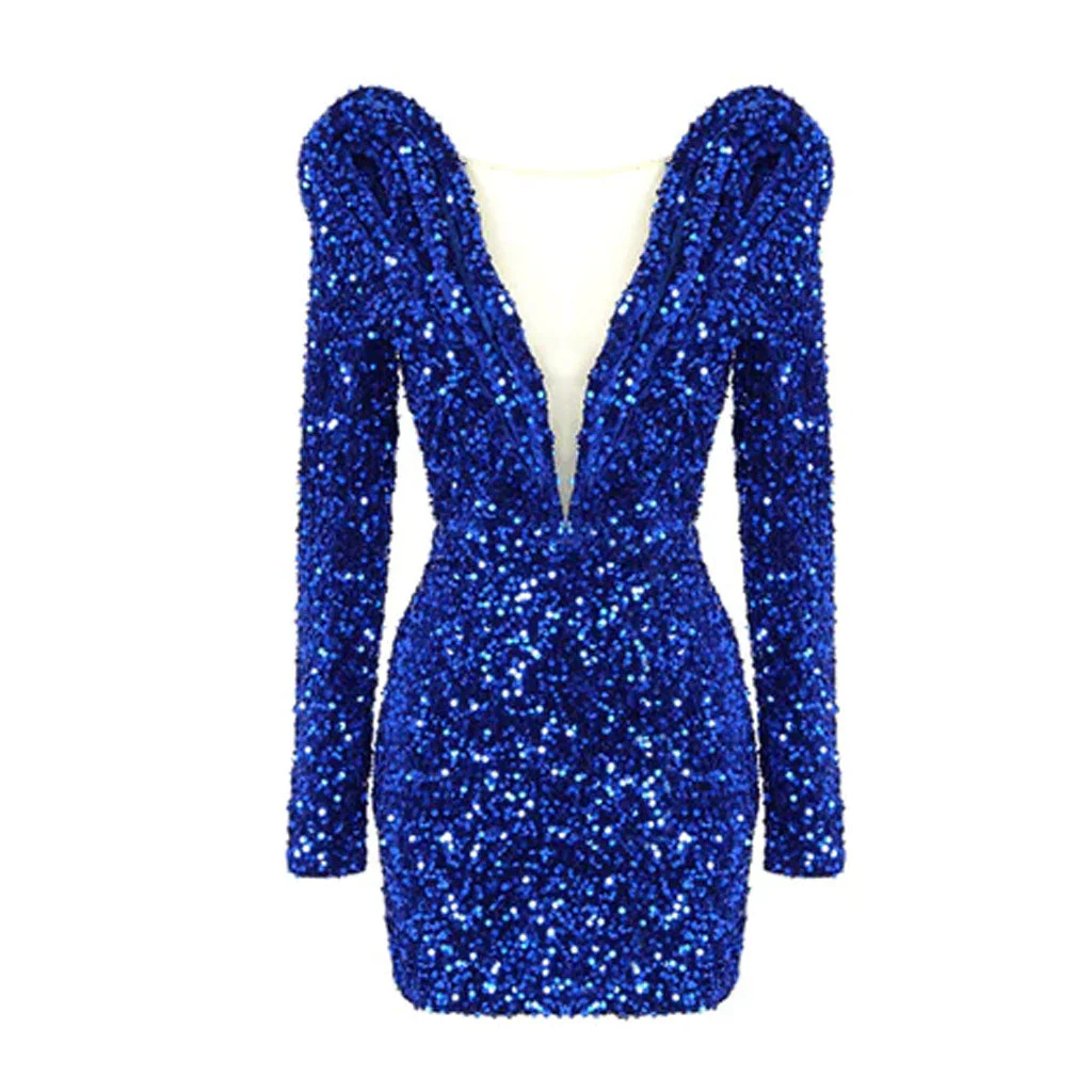 Sparkly Collar Deep Plunging Neck Long Sleeve Sequin Mini Dress - Royal Blue - Image 4