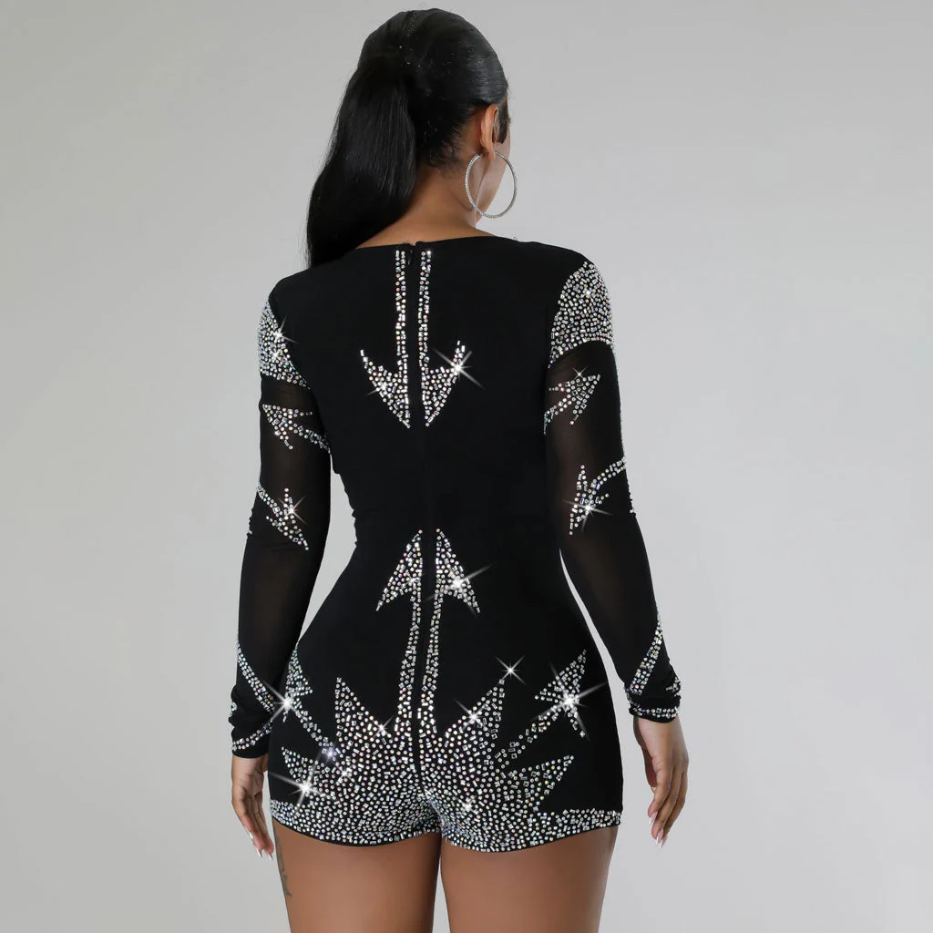 Sparkly Crystal Accent Sweetheart Neck Sheer Long Sleeve Bodycon Party Romper - Image 3