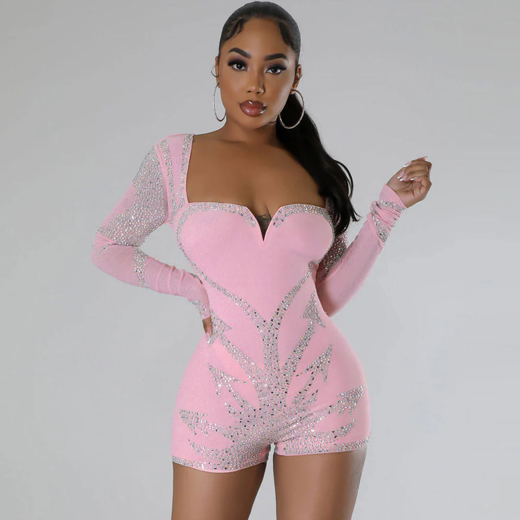 Sparkly Crystal Accent Sweetheart Neck Sheer Long Sleeve Bodycon Party Romper - Image 4