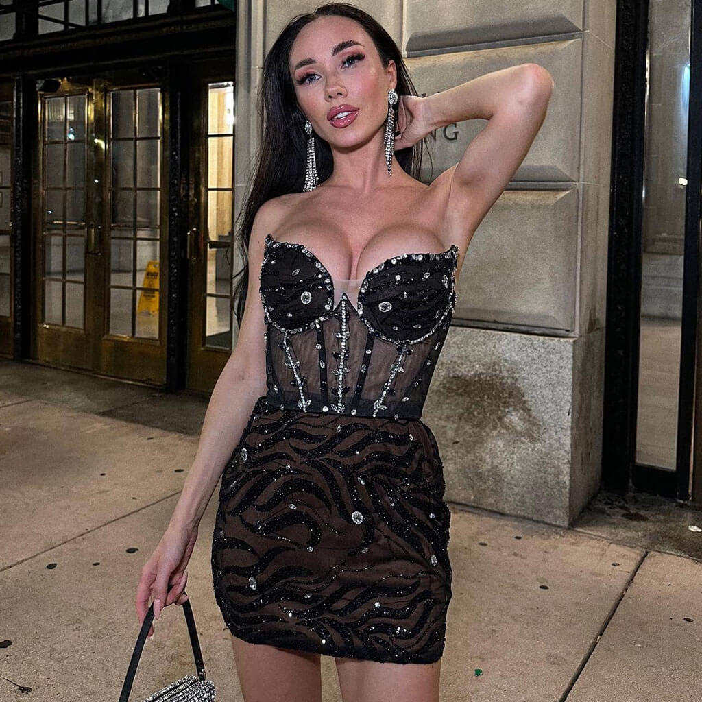 Sparkly Crystal and Sequin Sheer Mesh Corset Ruched Strapless Mini Party Dress - Image 2