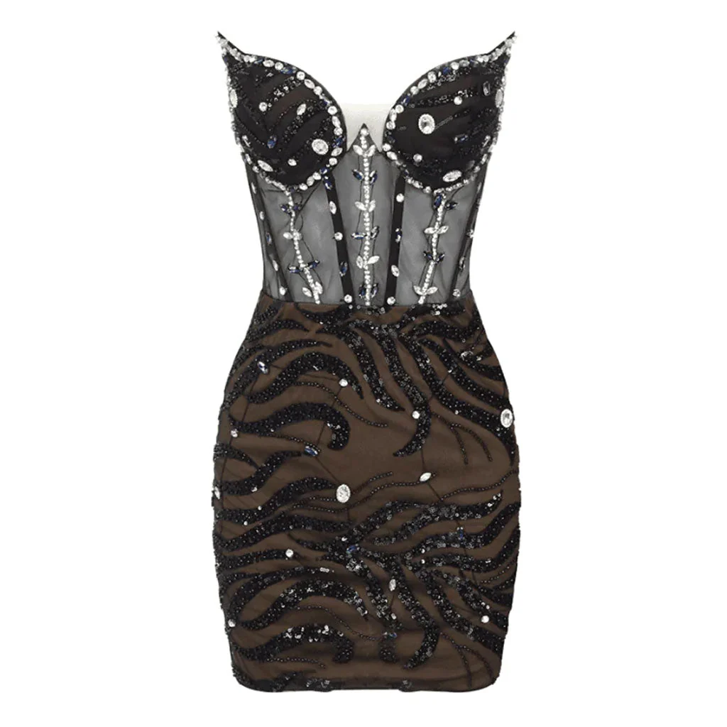 Sparkly Crystal and Sequin Sheer Mesh Corset Ruched Strapless Mini Party Dress - Image 3