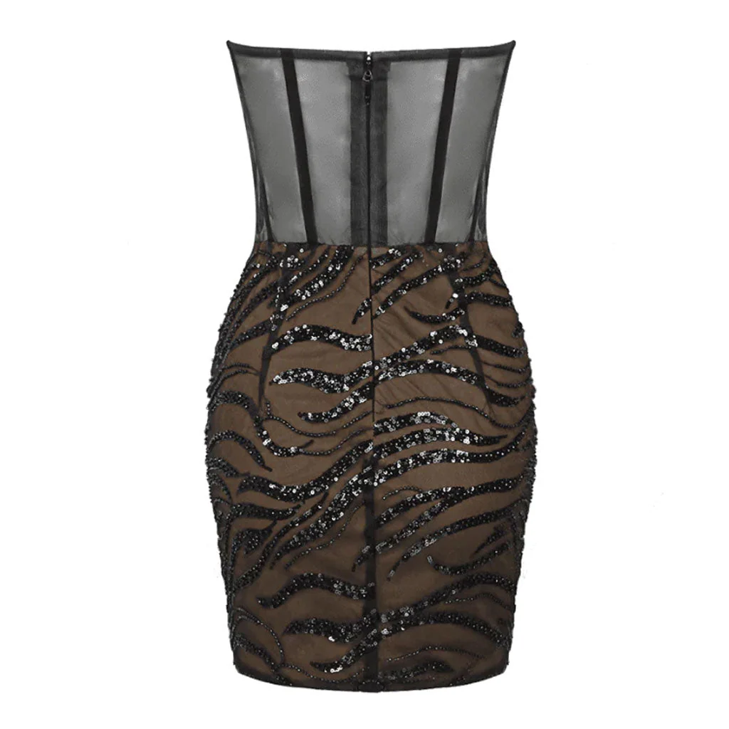 Sparkly Crystal and Sequin Sheer Mesh Corset Ruched Strapless Mini Party Dress - Image 4