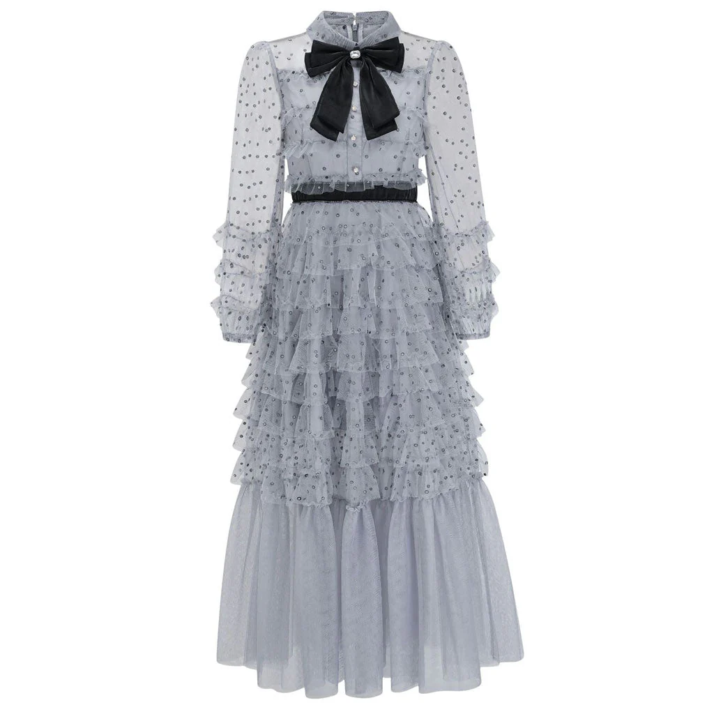 Sparkly Crystal Bow Collared Bishop Sleeve Dotted Tulle Ruffle Tiered Maxi Dress - Image 4