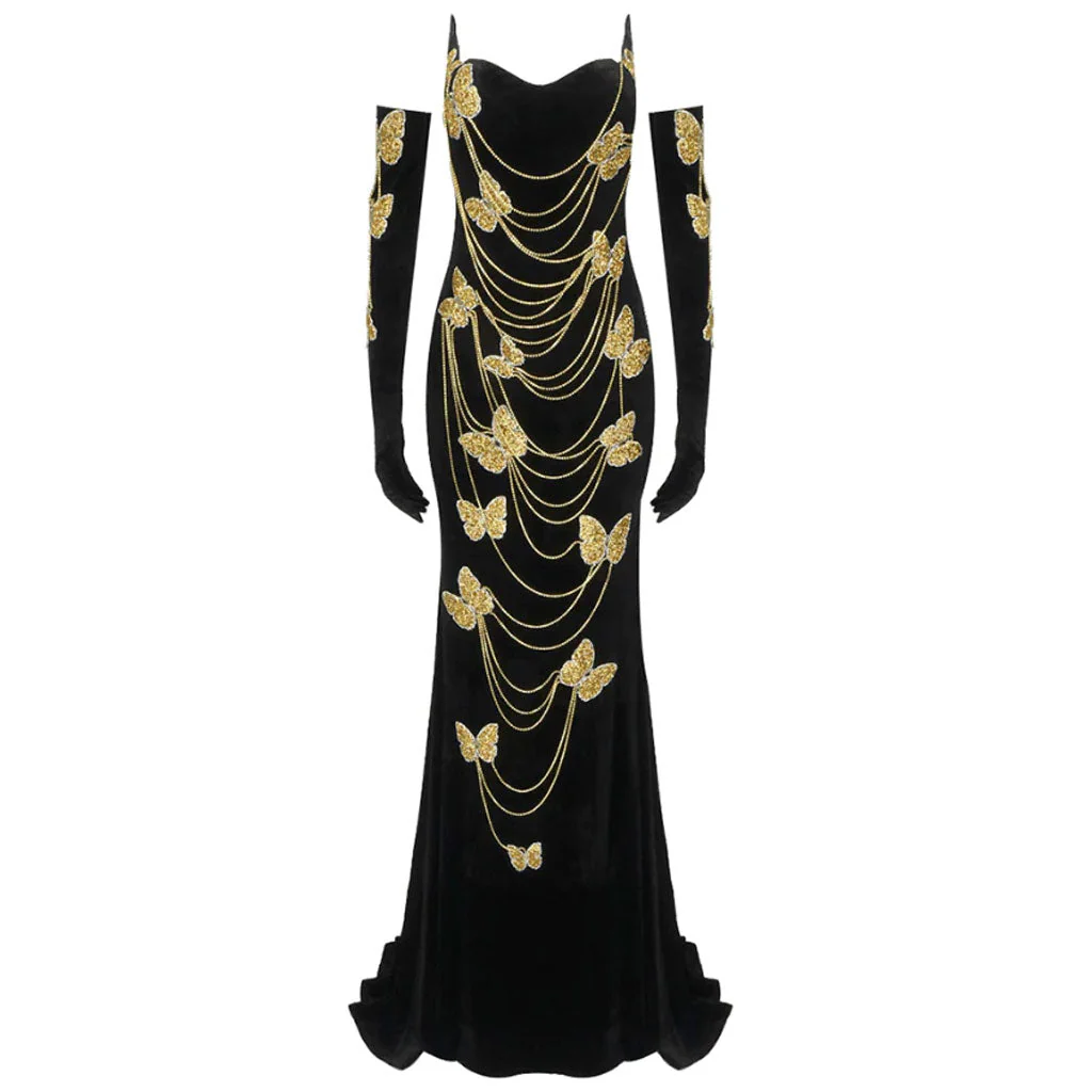 Sparkly Crystal Butterfly Gloved Plunge Strapless Velvet Fishtail Maxi Evening Dress - Image 4
