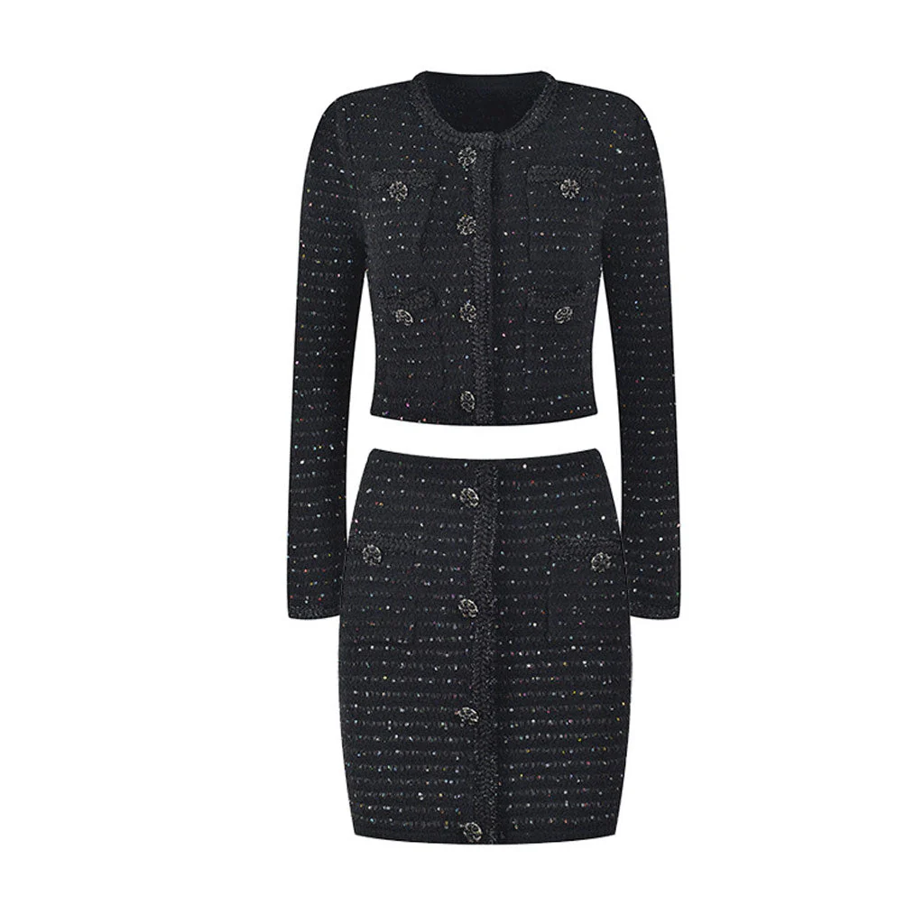 Sparkly Crystal Button High Waist Patch Pocket Bodycon Sequin Knit Mini Skirt - Image 2