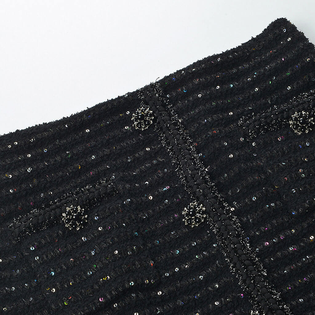 Sparkly Crystal Button High Waist Patch Pocket Bodycon Sequin Knit Mini Skirt - Image 4