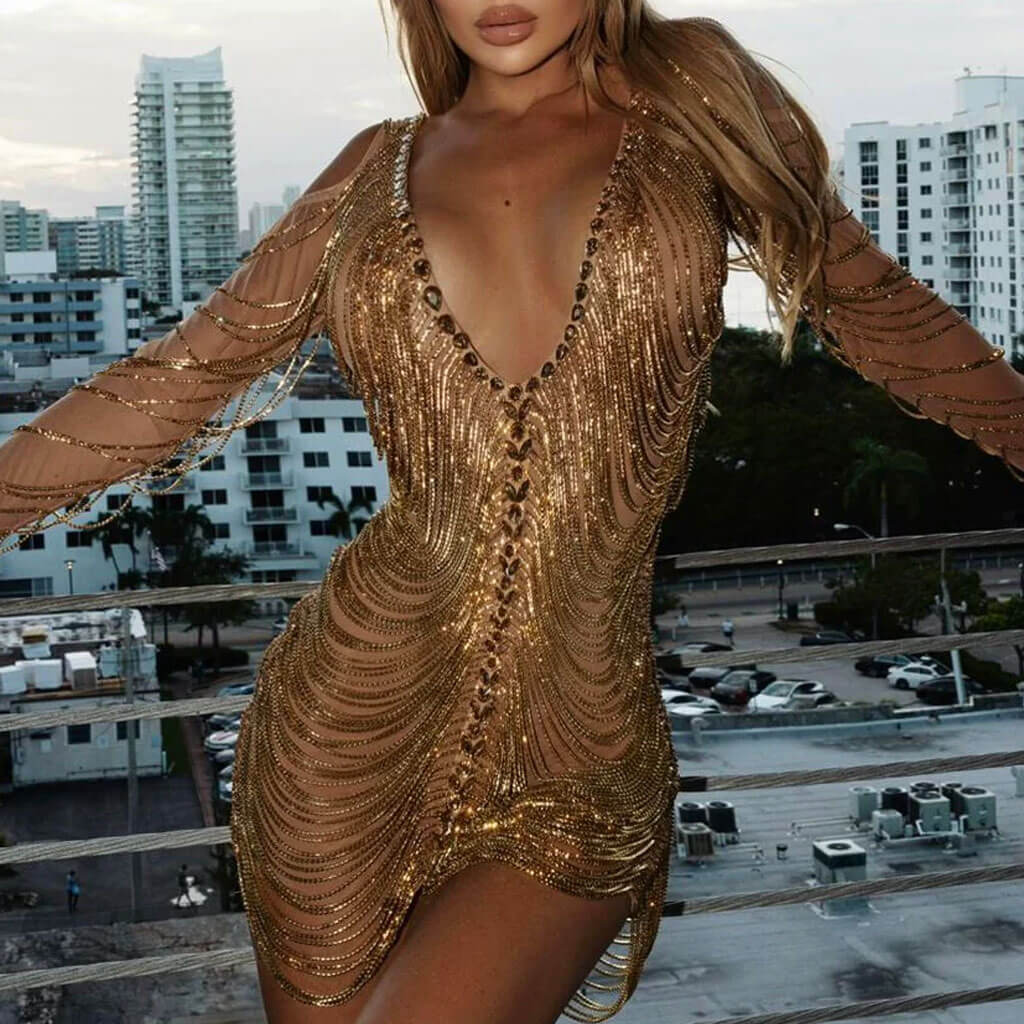 Sparkly Crystal Chain Diamante Plunge Neck Cold Shoulder Semi Sheer Mesh Mini Party Dress - Image 6