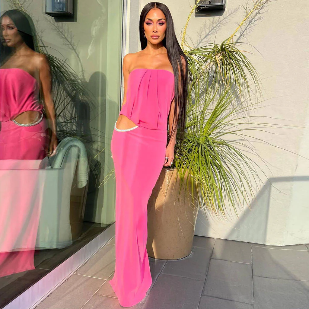 Sparkly Crystal Cut Out Waist Pleated Strapless Back Split Maxi Evening Dress - Image 2
