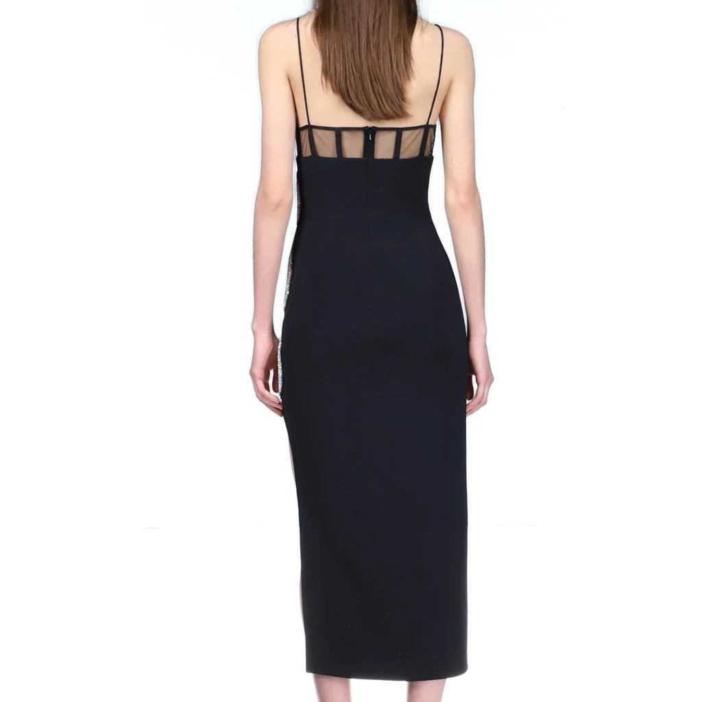 Sparkly Crystal CutOut High Slit Bandage Cocktail Midi Dress - Black - Image 5