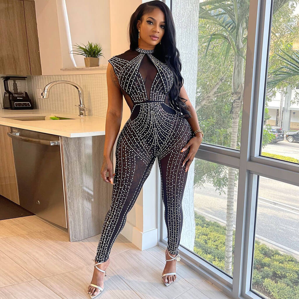 Sparkly Crystal Detail Mock Neck Sheer Mesh Panel Bodycon Sleeveless Jumpsuit - Image 2