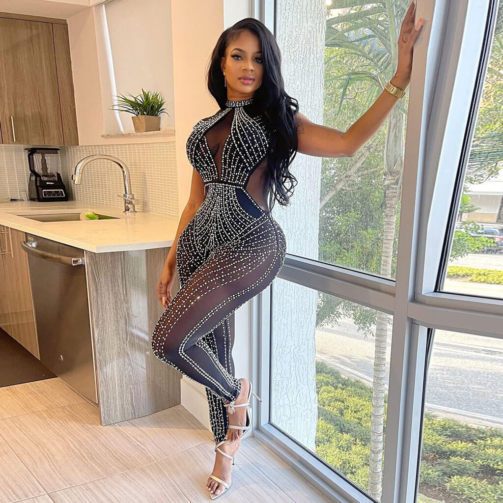 Sparkly Crystal Detail Mock Neck Sheer Mesh Panel Bodycon Sleeveless Jumpsuit - Image 3