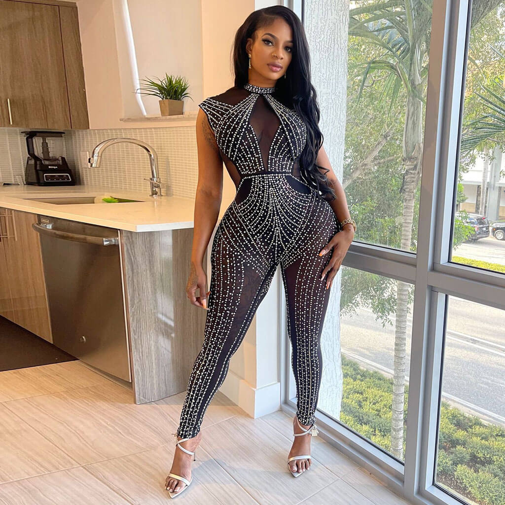Sparkly Crystal Detail Mock Neck Sheer Mesh Panel Bodycon Sleeveless Jumpsuit - Image 4