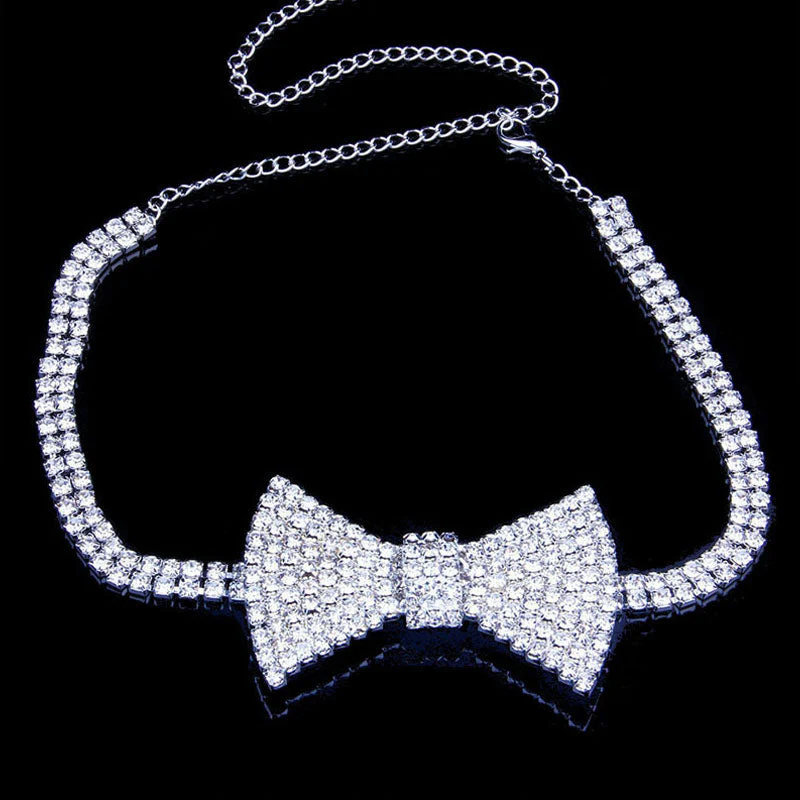 Sparkly Crystal Embellished Bow Detail Choker NeckLace - Silver - Image 2