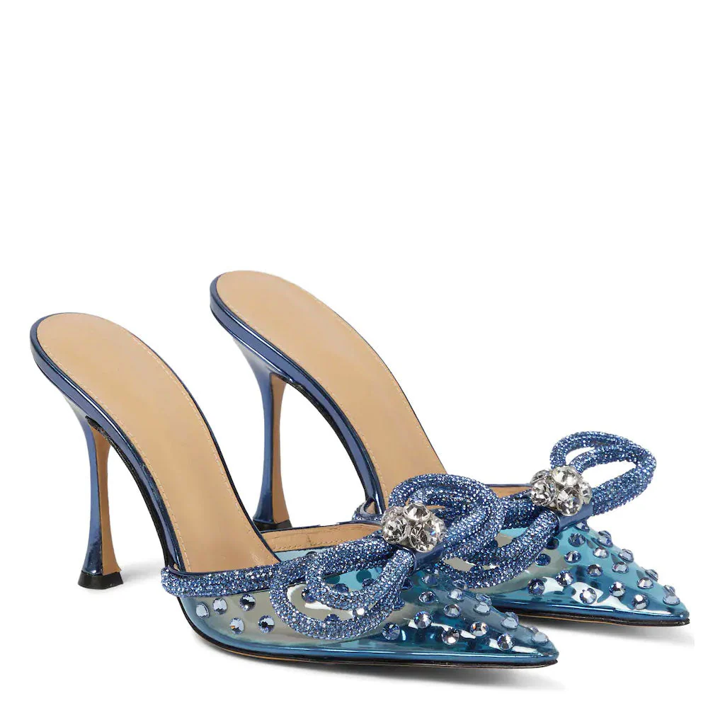 Sparkly Crystal Embellished Bow Pointed Toe Stiletto Mesh Mules - Blue - Image 3