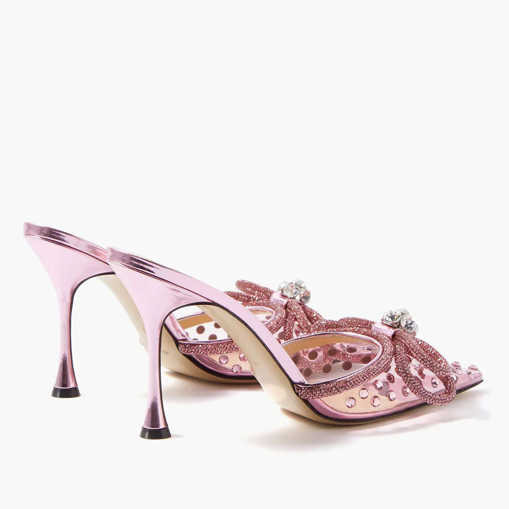Sparkly Crystal Embellished Bow Pointed Toe Stiletto Mesh Mules - Purple - Image 5