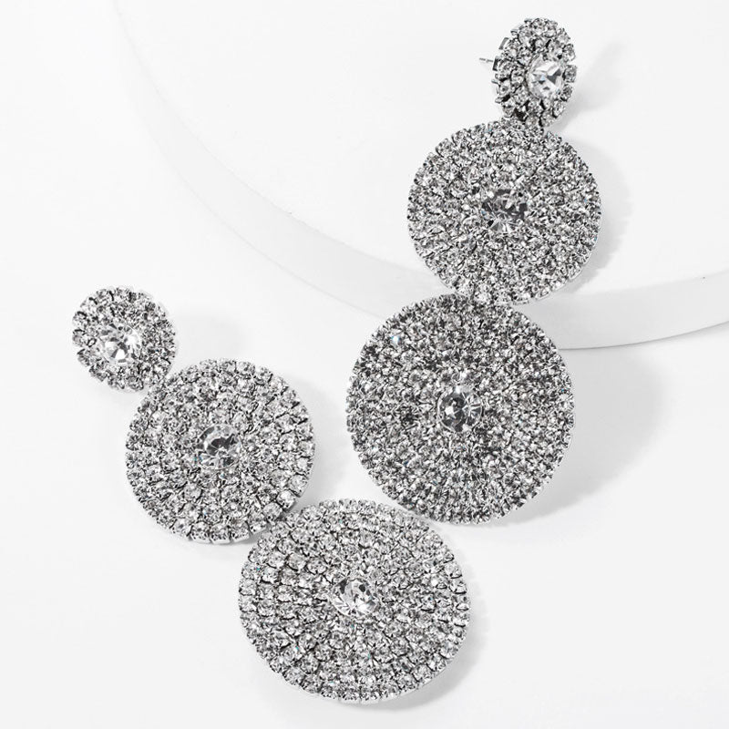 Sparkly Crystal Embellished Circle Triple Drop Earrings - Silver - Image 2
