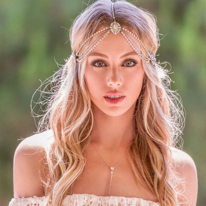 Sparkly Crystal Embellished Fringe Layered Bridal Hair Chain - Silver - Image 2