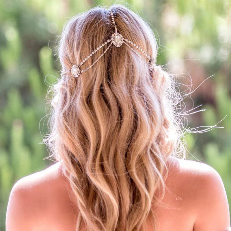Sparkly Crystal Embellished Fringe Layered Bridal Hair Chain - Silver - Image 3