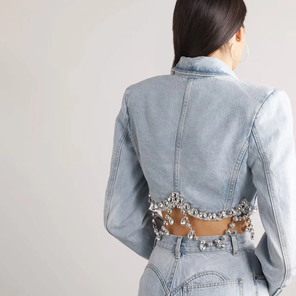 Sparkly Crystal Embellished Lapel Collar Long Sleeve Cropped Denim Blazer - Image 2