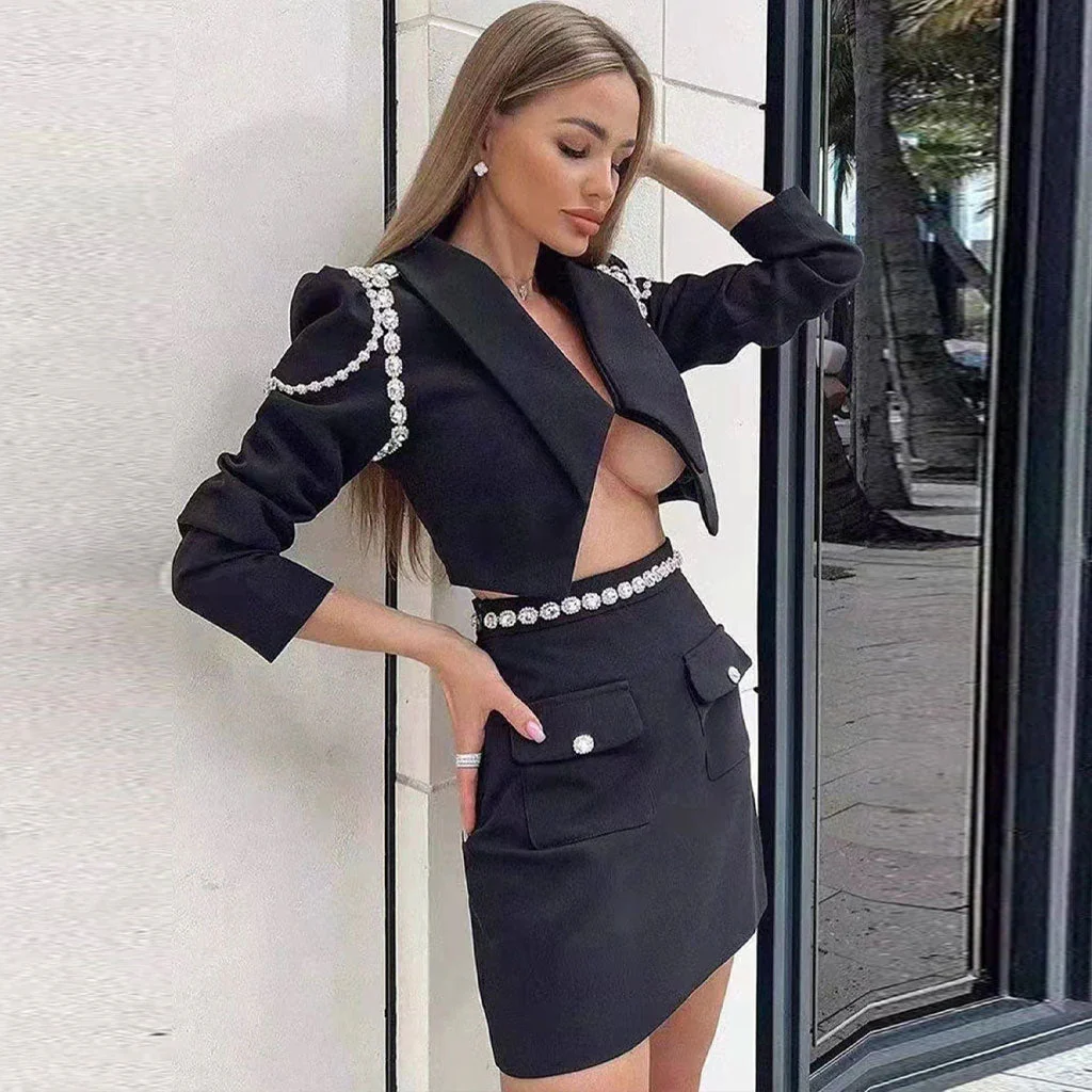 Sparkly Crystal Embellished Puff Sleeve Crop Blazer Matching Set - Black - Image 3