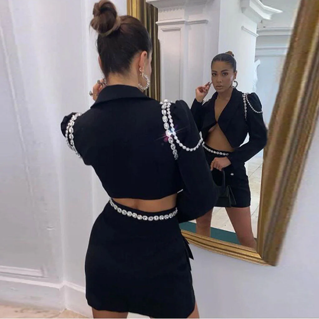 Sparkly Crystal Embellished Puff Sleeve Crop Blazer Matching Set - Black - Image 4