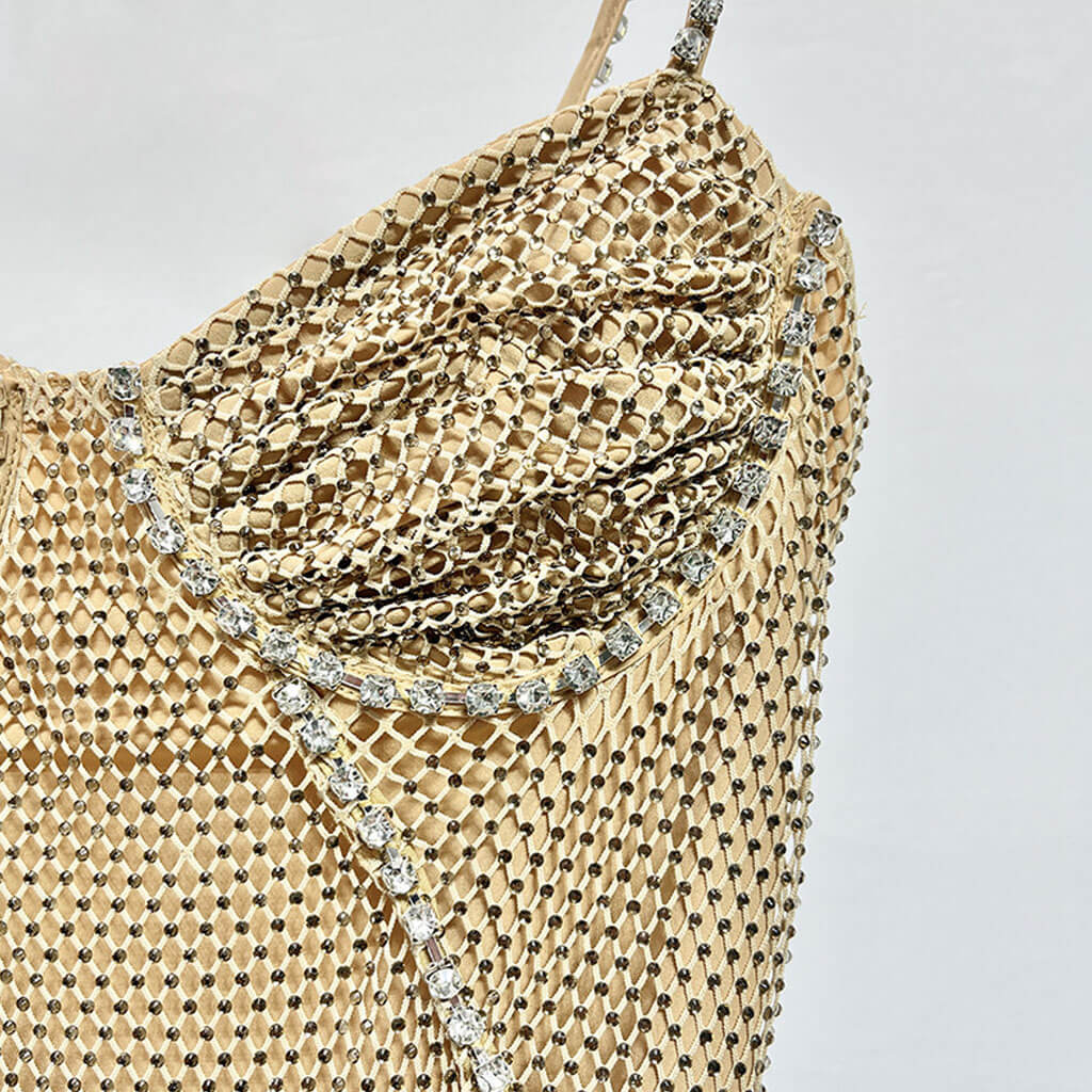 Sparkly Crystal Embellished Sweetheart Neck Sleeveless Fishnet Mesh Maxi Dress - Image 3