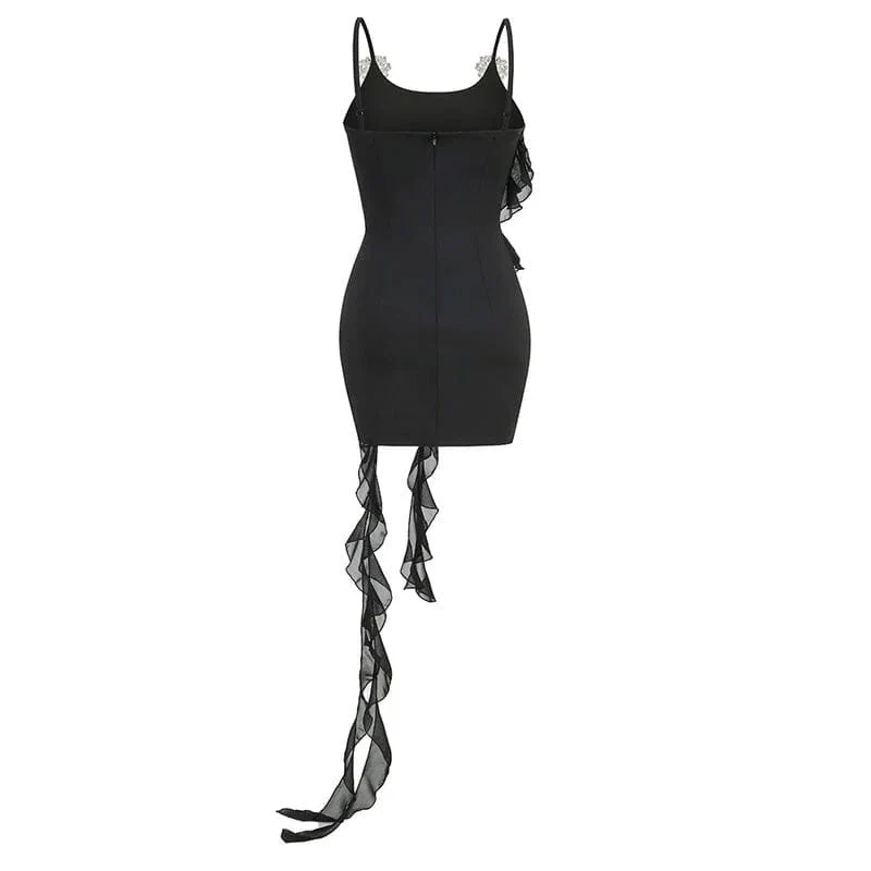 Sparkly Crystal FLower Spaghetti Strap Bodycon Sleeveless Ruffled Mini Party Dress - Image 6